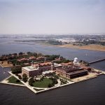 Aerial view of Ellis Island immigration station, Jersey City, New Jersey, 1980 years