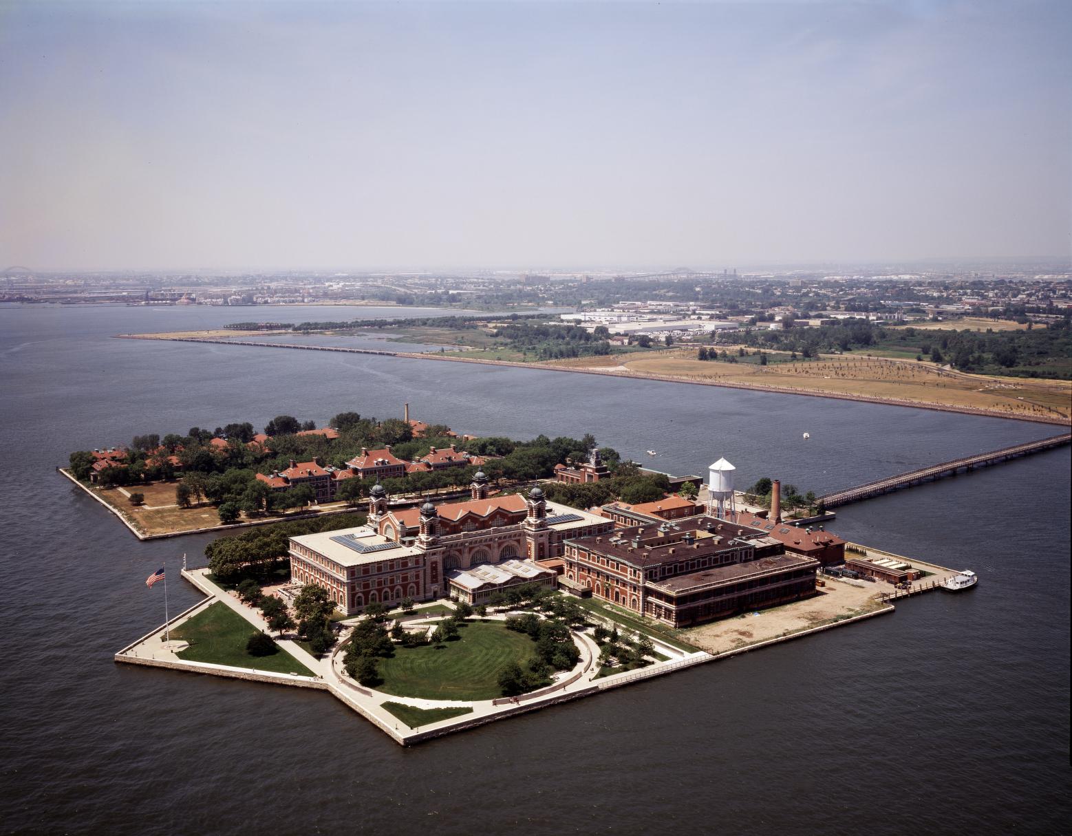 Aerial view of Ellis Island immigration station, Jersey City, New Jersey, 1980 years