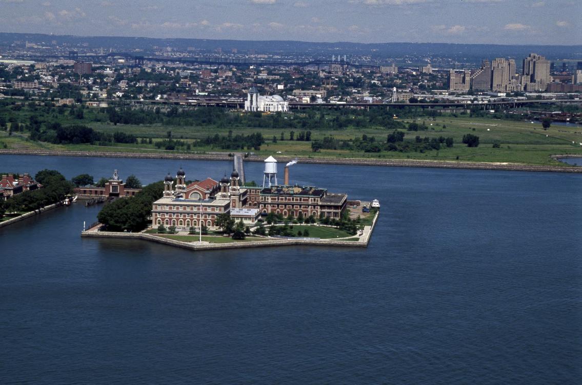 Aerial view of Ellis Island, Jersey City, New Jersey, 1980 years